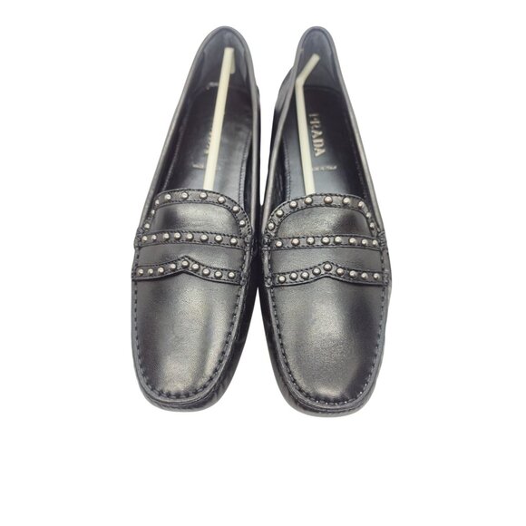 Prada Womens Black Leather Studded Loafers Size 39 original box - Picture 2 of 9